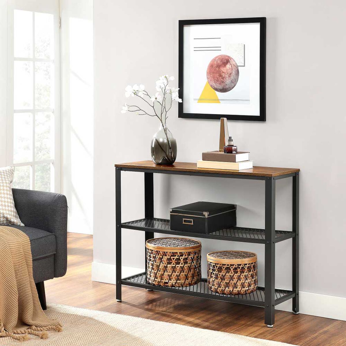 Mesa de Arrimo Fm Furniture Metalwood Colection Marrón Rústico