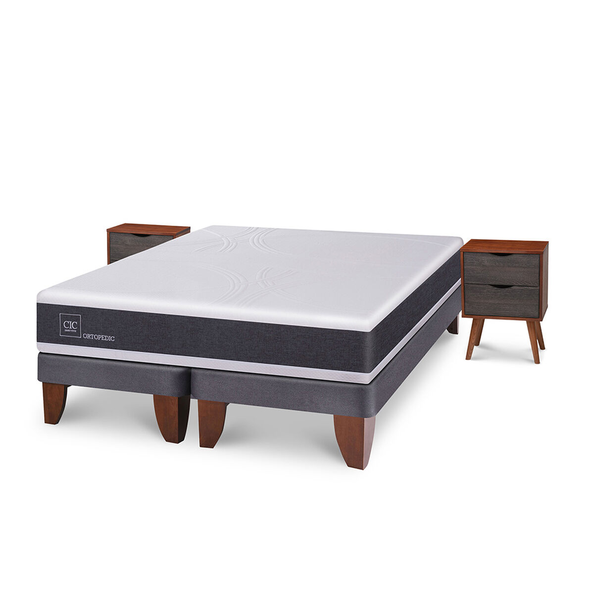 Cama Europea CIC Base Dividida 2 Plazas New Ortopedic + 2 Veladores Niger