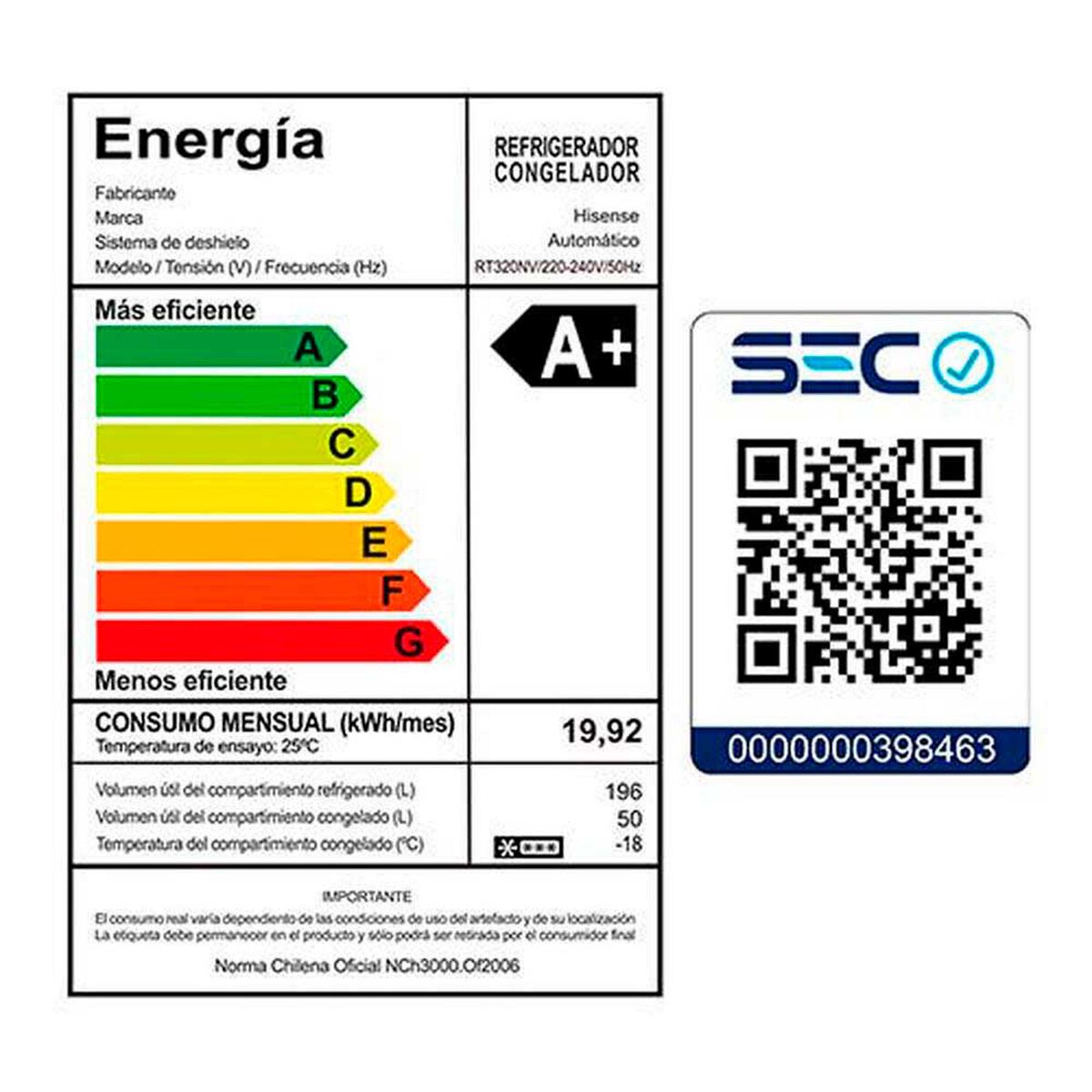 Refrigerador No Frost Hisense RT320NV 246 lts.