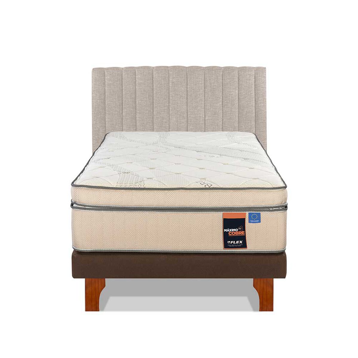 Cama Europea Flex 1,5 Plazas Máximo Cobre  + Respaldo Tubular Beige