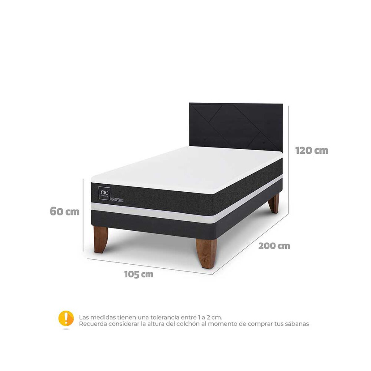 Cama Europea CIC 1,5 Plazas Ortopedic  + Respaldo Villarrica Negro