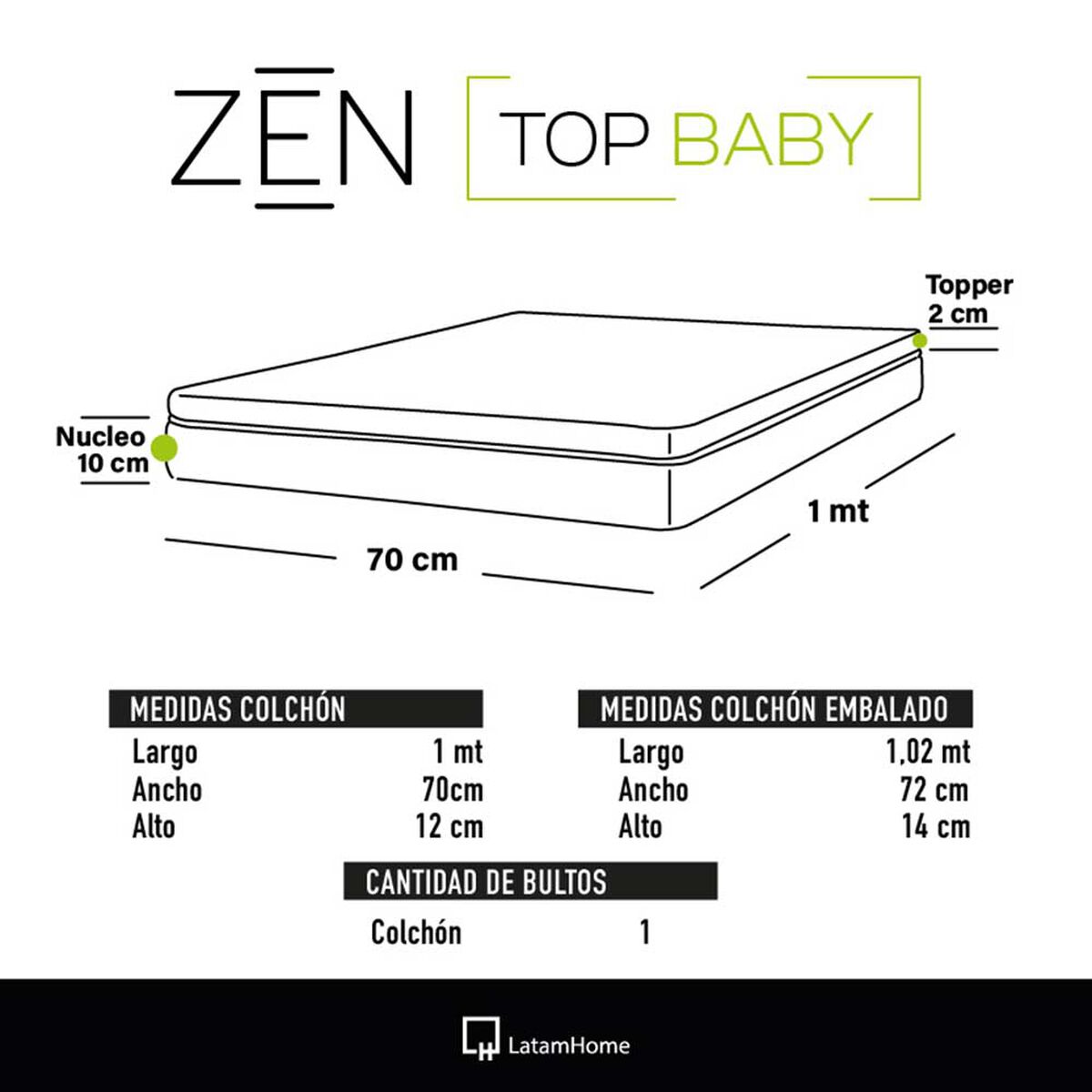 Colchón de Cuna Latam Home Zen Top Baby Hybrid 70 x 100 cm