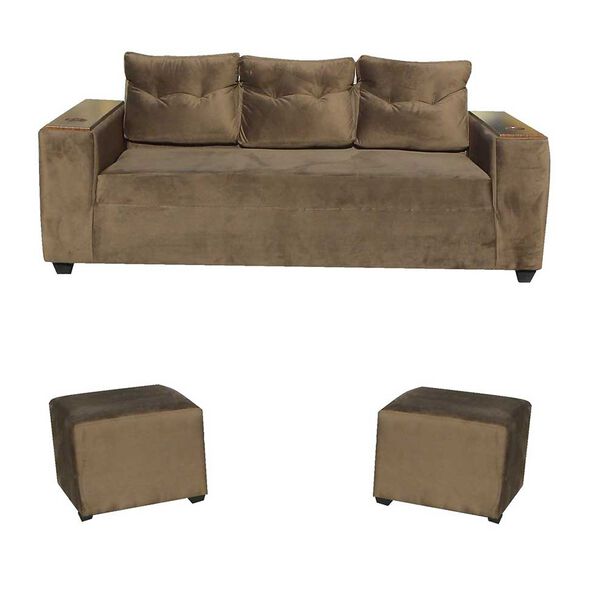 Juego de Living Almore Wilson Sofá 3 Cuerpos + Dos Pouf Café