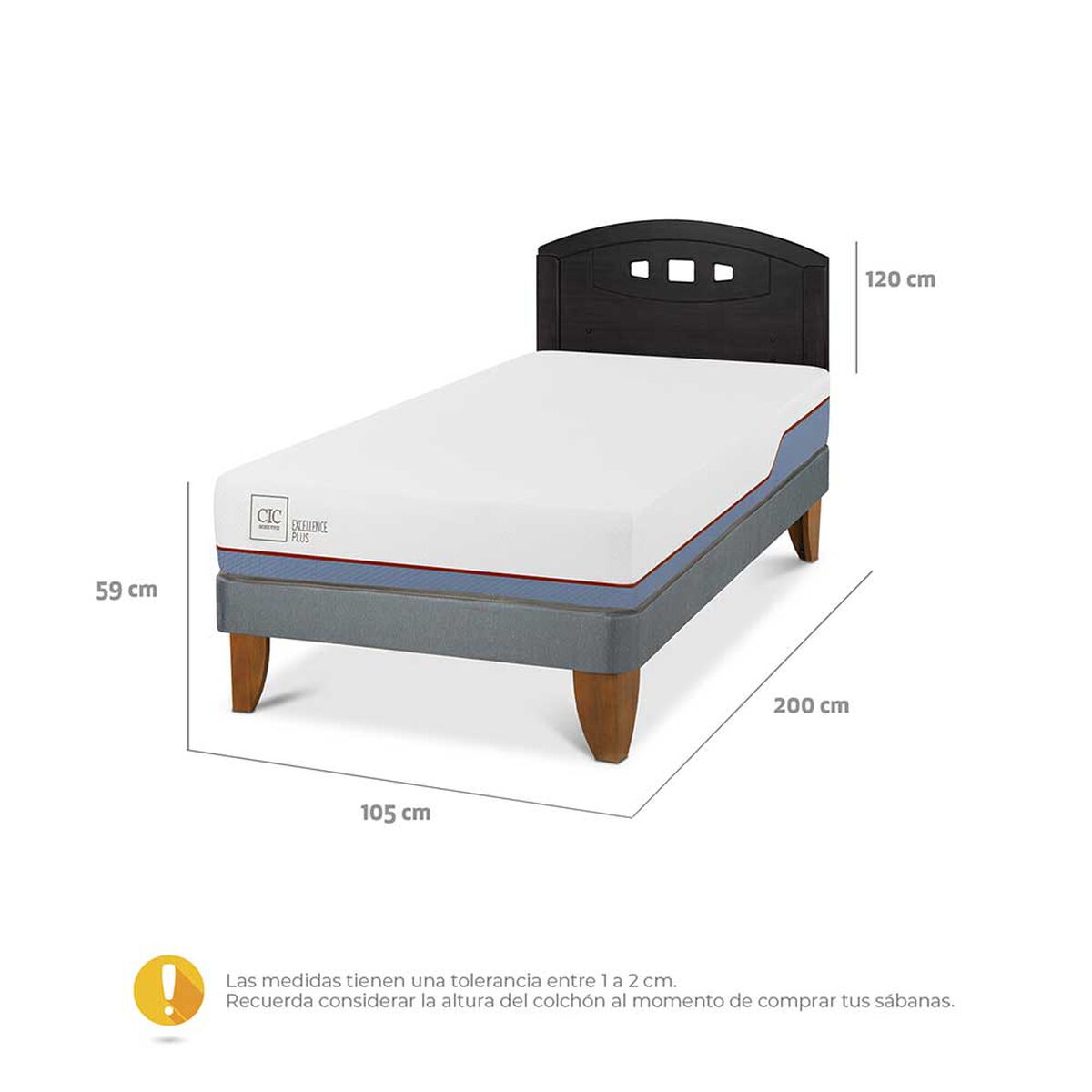 Cama Europea CIC 1,5 Plazas Excellence Plus + Respaldo Gales Negro