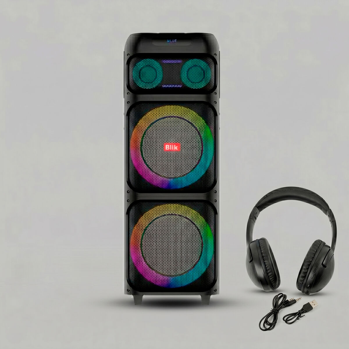 Combo Parlante Bluetooth Blik Light Up 700 Negro + Aud&iacute;fonos Bluetooth Over Ear BLIK AURA950 Negro