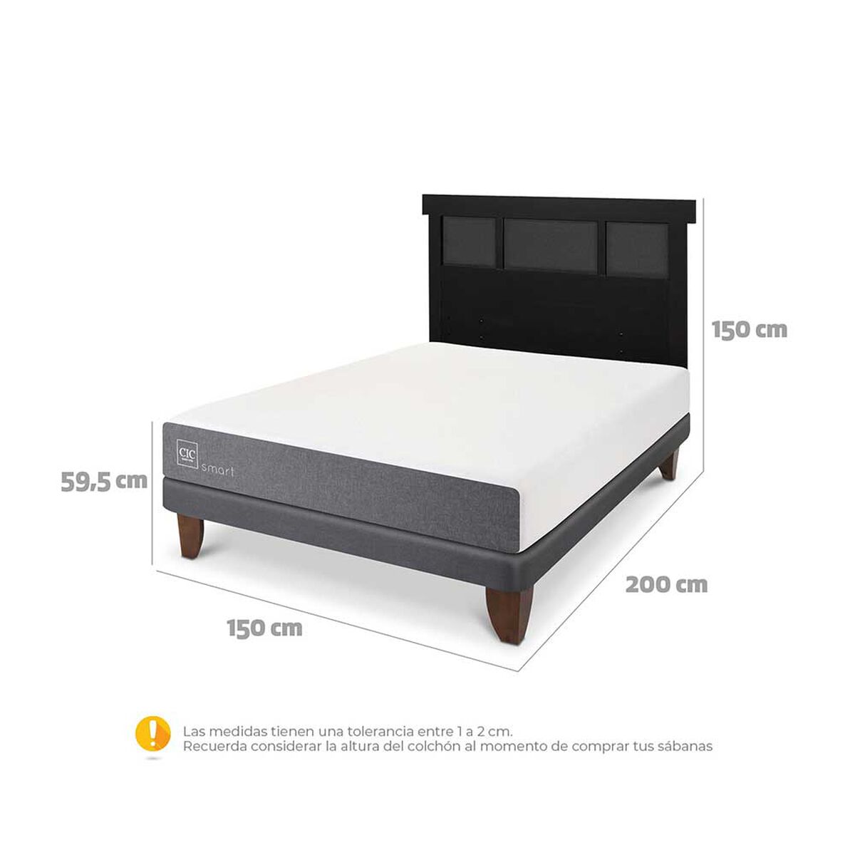 Cama Europea CIC 2 Plazas Smart + Respaldo Dublin Negro