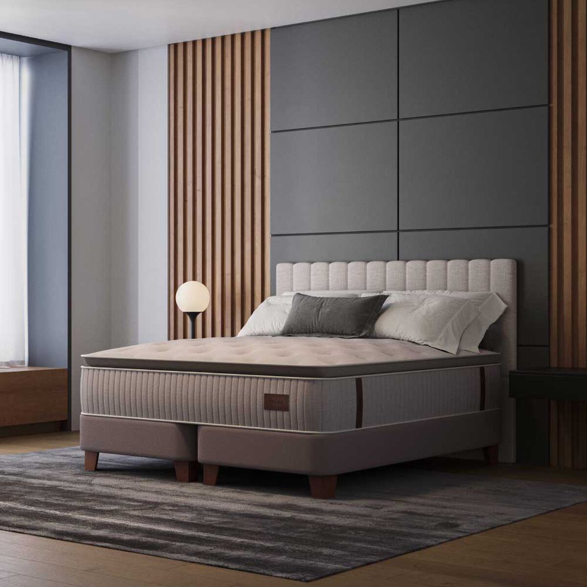 Cama Europea Flex King  Heritage + Respaldo Design Crudo + Veladores Roma