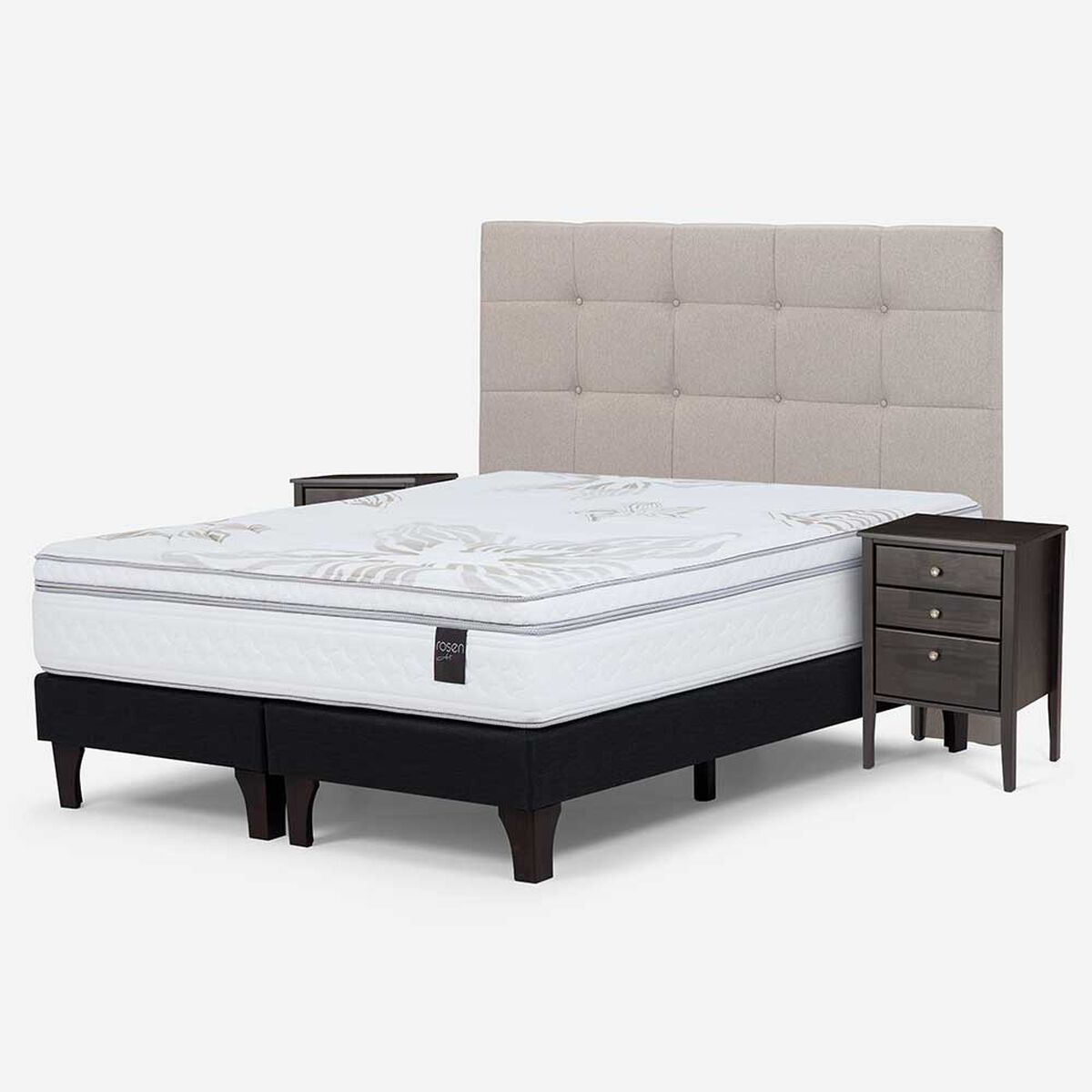 Cama Europea Rosen Base Dividida 2 Plazas Art 4 + Respaldo + 2 Veladores Niebla