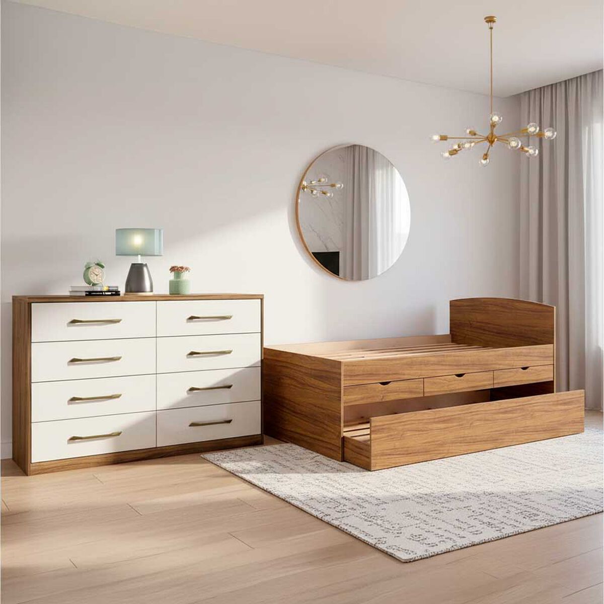 Combo Cama Nido Casanova 1,5 Plazas Juvenil Nogal + C&oacute;moda Casanova Charlotte Nogal 8 Cajones