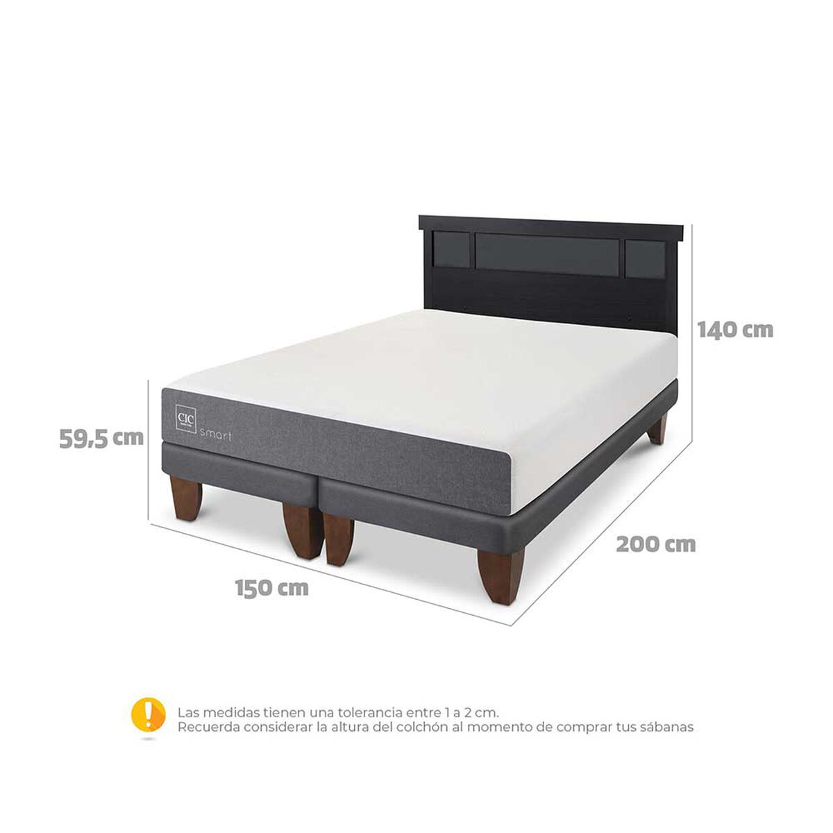 Cama Europea CIC Base Dividida 2 Plazas Smart + Respaldo Dublin Negro