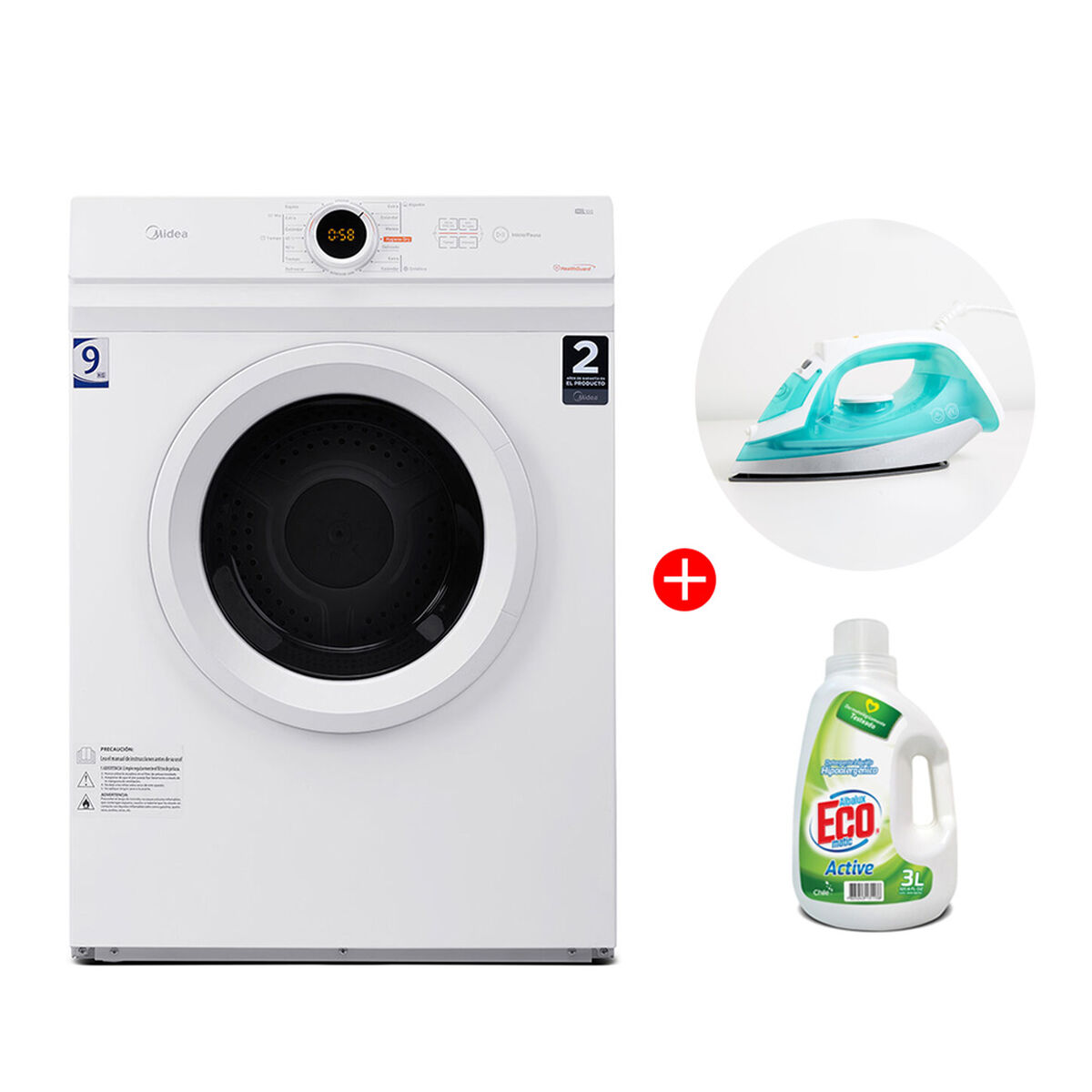 Combo Secadora de Ropa Midea MD100A90W 9 kg. + Plancha a Vapor Hyundai HY2472P + Detergente Albalux Eco Matic 3 lts.