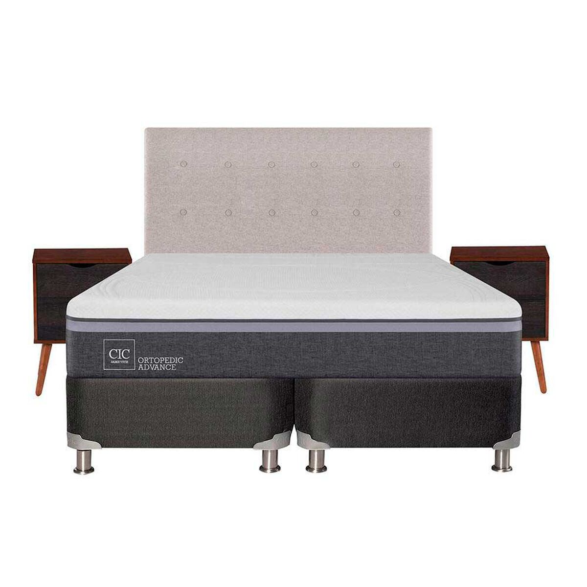 Box Spring CIC Base Dividida 2 Plazas Ortopedic Advance + Respaldo + 2 Veladores Tigris