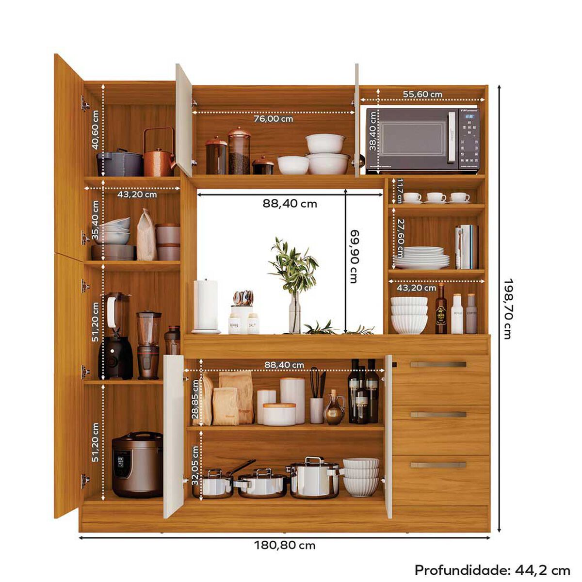 Mueble de Cocina Home Mobili Maiten 6 Puertas 3 Cajones Café y Blanco Off