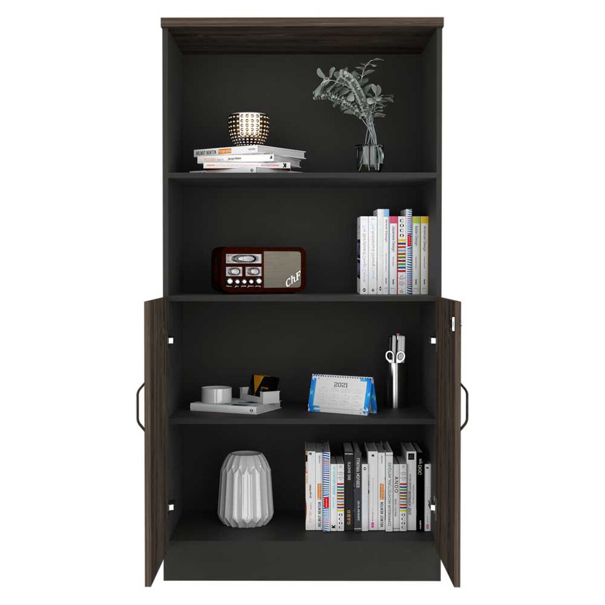 Biblioteca TuHome Home Office 2 Puertas Negro Soft Coñac