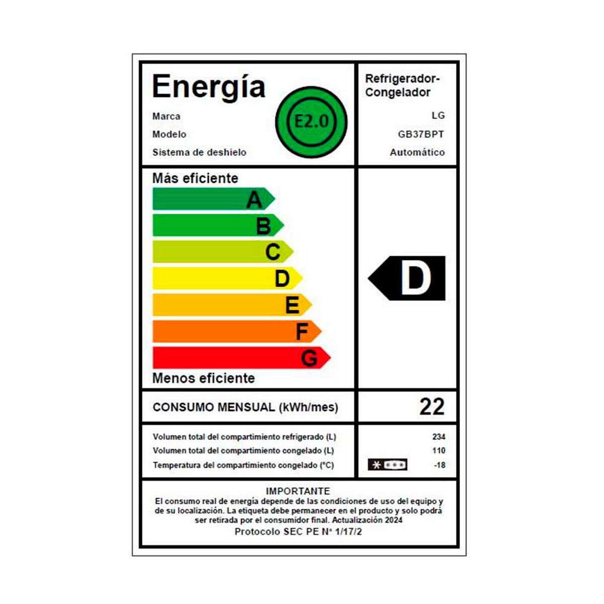 Refrigerador No Frost LG GB37BPT 344 lts.