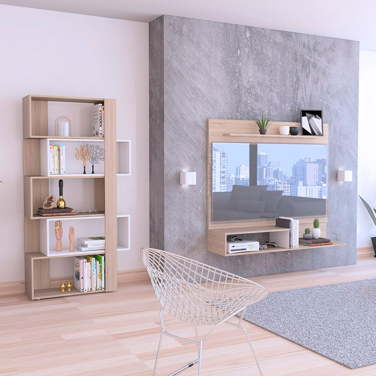 Panel TV + Biblioteca TuHome Beijing Rovere Blanco