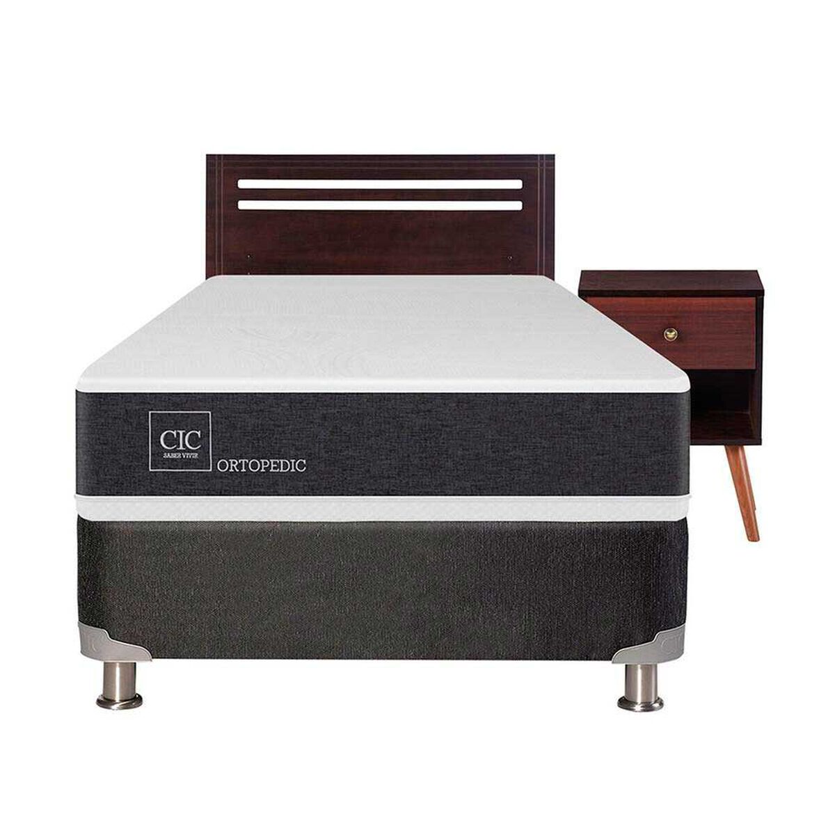 Box Spring CIC 1,5 Plazas New Ortopedic + Respaldo + Velador New Munich