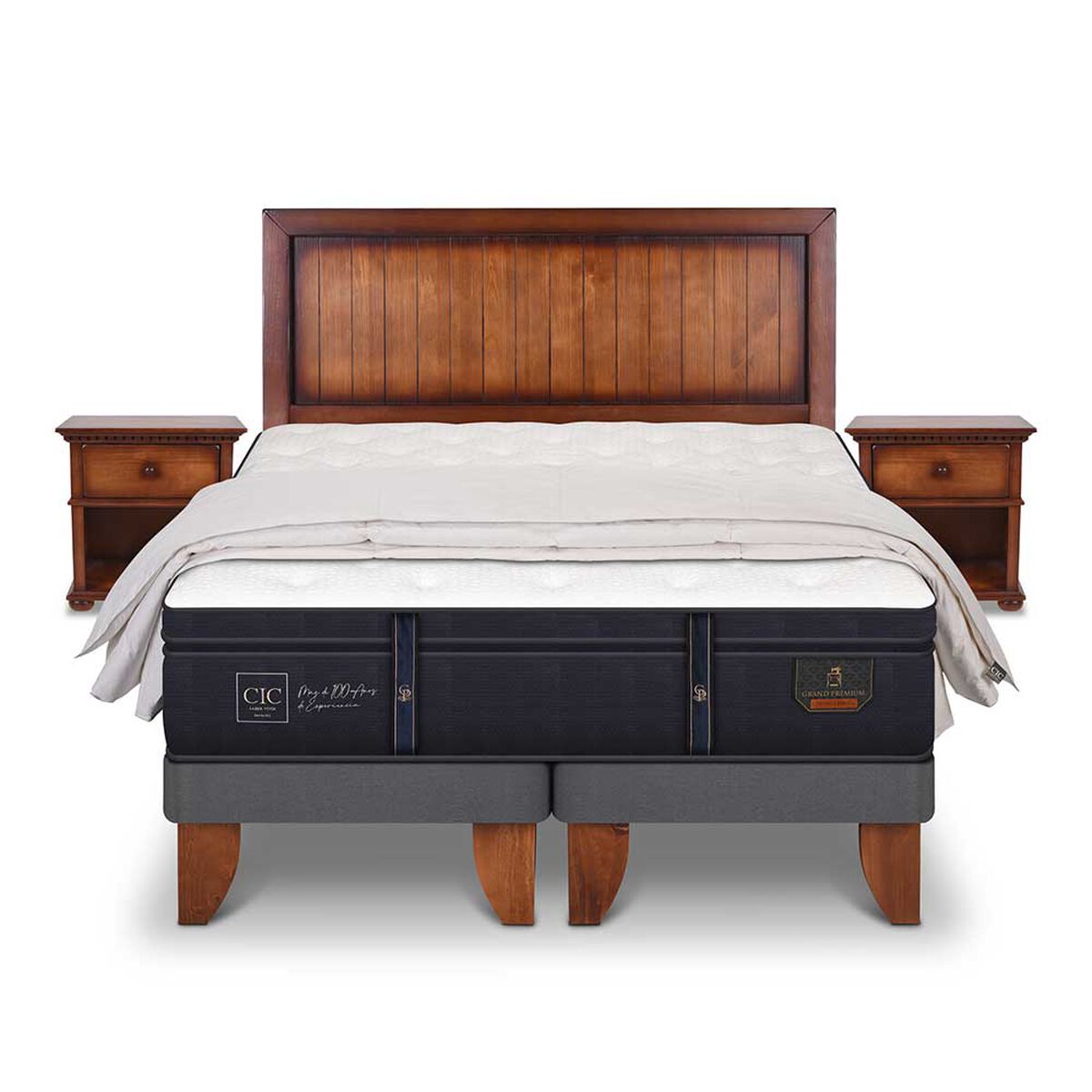 Cama Europea CIC Base Dividida S&uacute;per King Grand Premium + Respaldo + Veladores + Plum&oacute;n Ganso