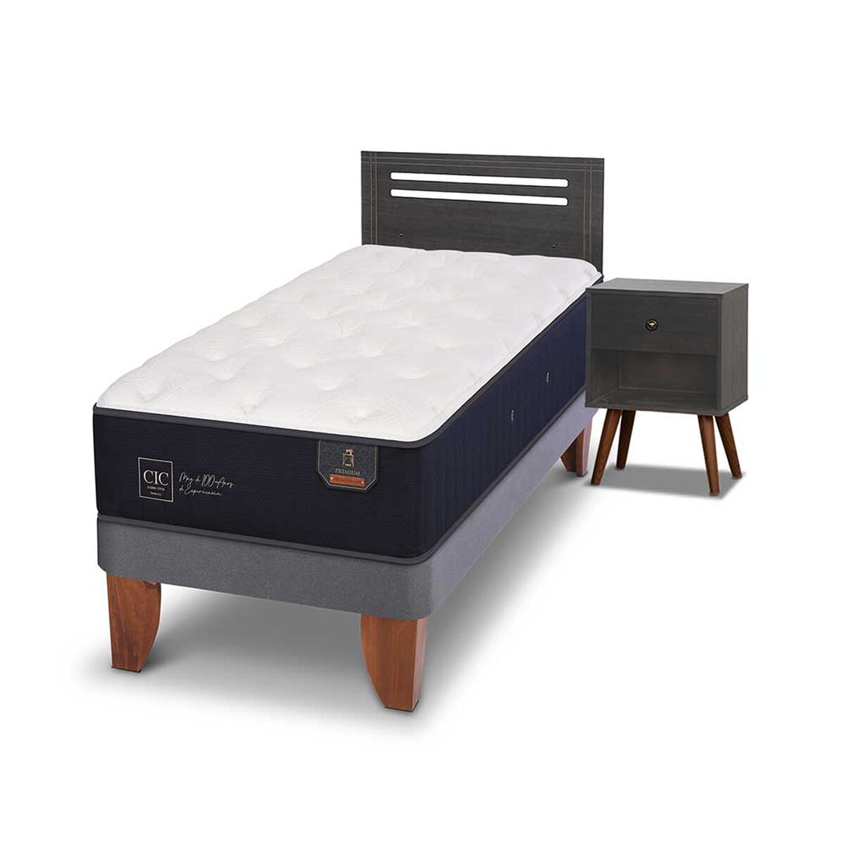 Cama Europea CIC 1,5 Plazas Premium + Respaldo + Velador Munich