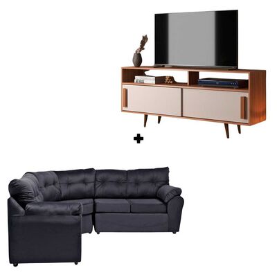 Rack Almore Belen Freijo Off White y  Negro Hasta 65" + Seccional