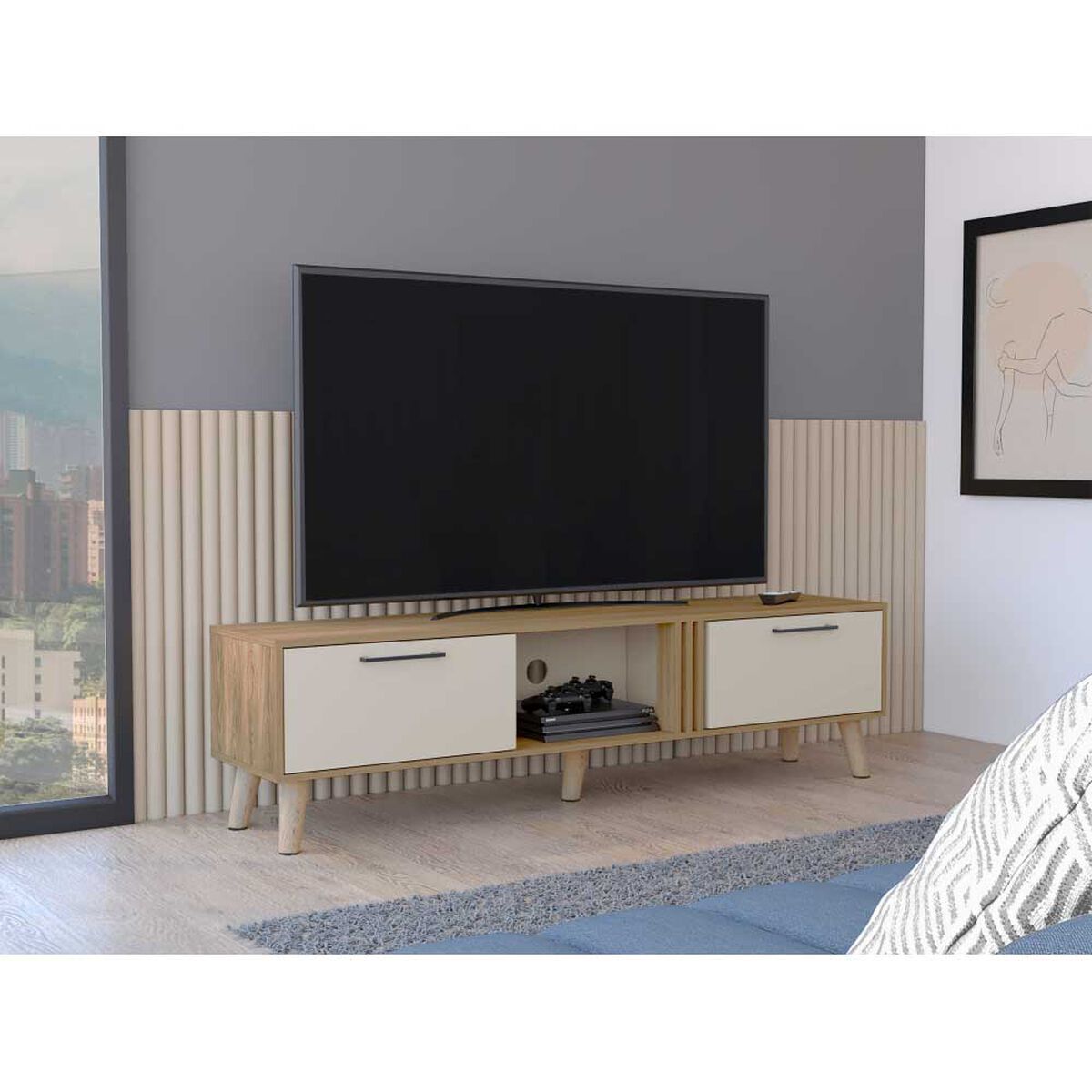 Rack TV TuHome Vance Hasta 65" Blanco Y Fresno