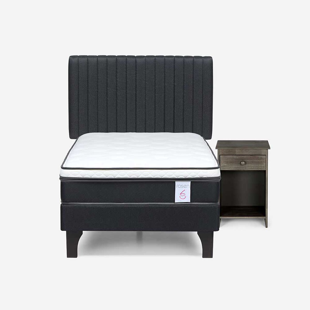 Cama Europea Rosen 1,5 Plazas New Style 6 + Respaldo + Velador Grafito
