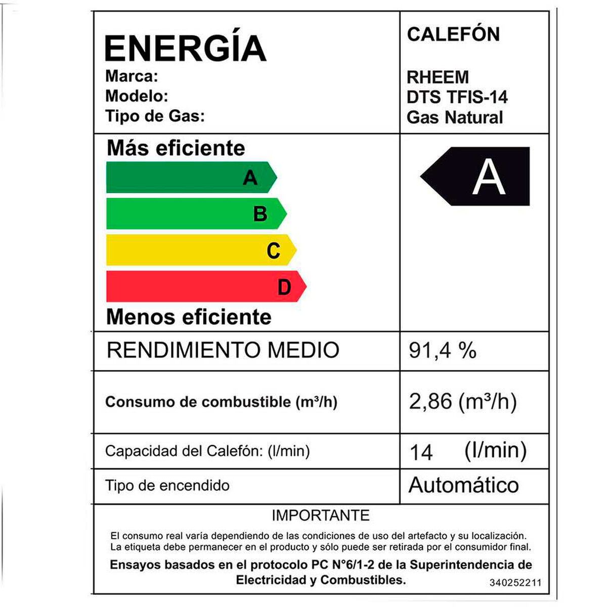 Calefont Gas Natural Rheem Tiro Forzado Ionizado 14 lts.