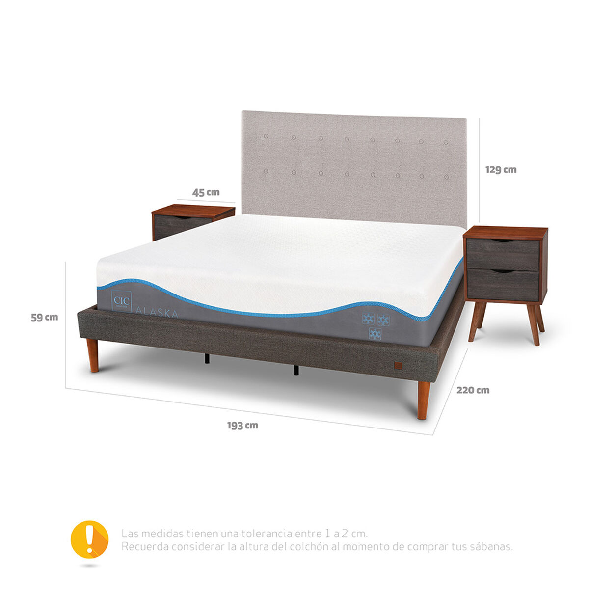 Cama Europea CIC King Alaska + Respaldo + 2 Veladores