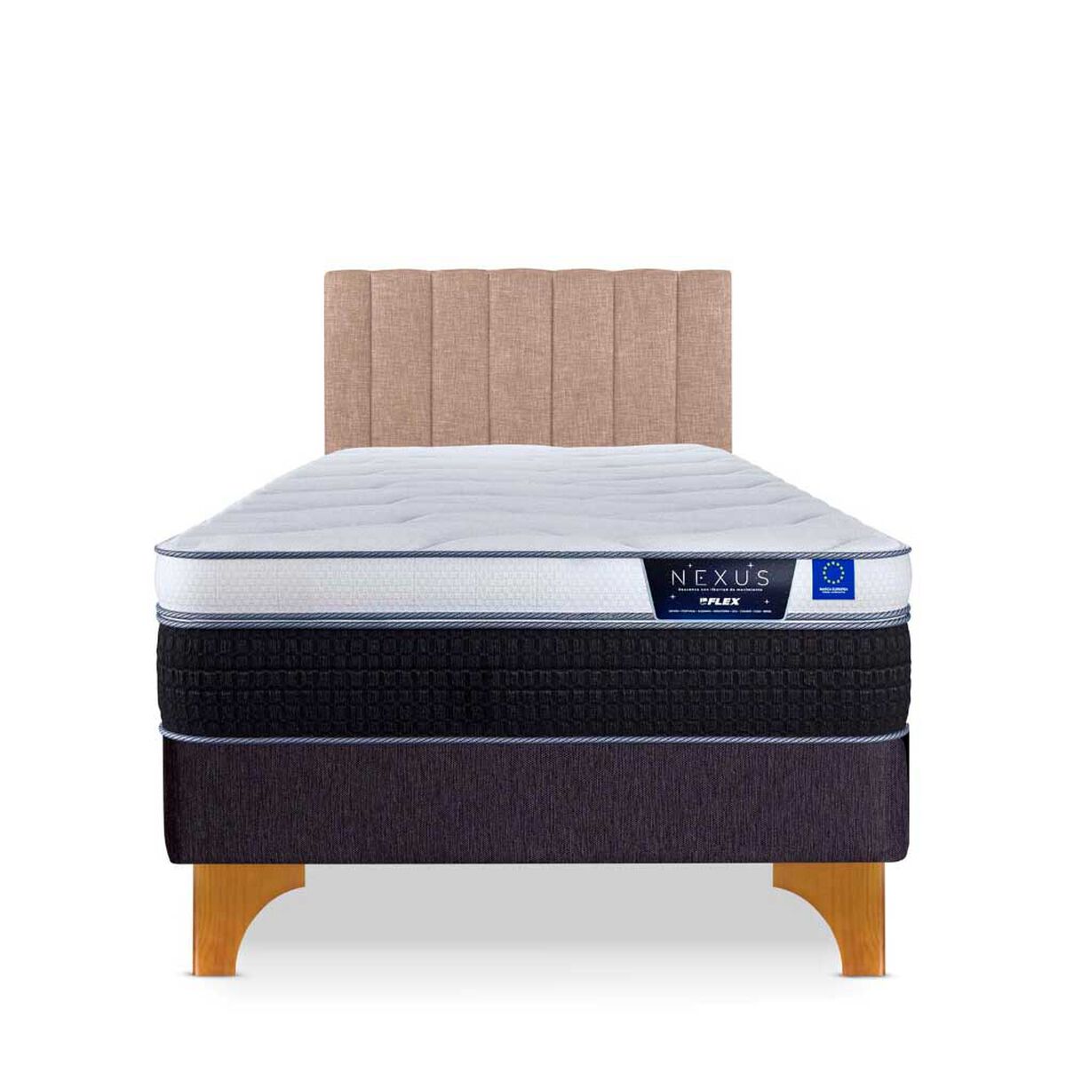 Cama Europea Flex 1,5 Plazas Nexus Box + Respaldo Tubular Beige