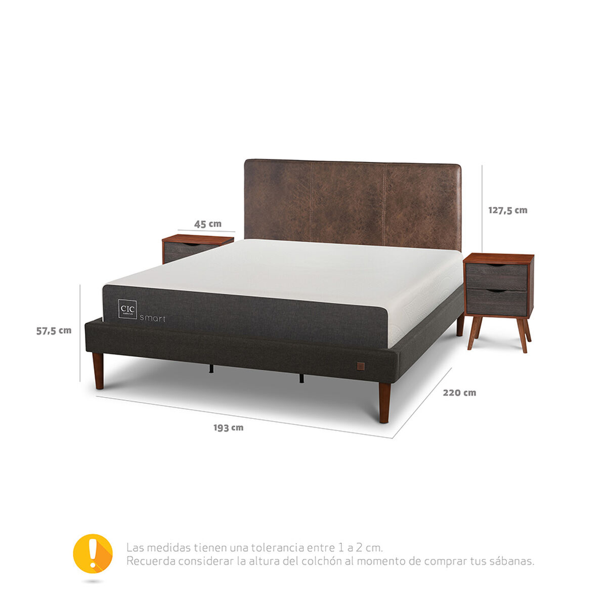 Cama Europea CIC King Smart + Respaldo Baker + 2 Veladores
