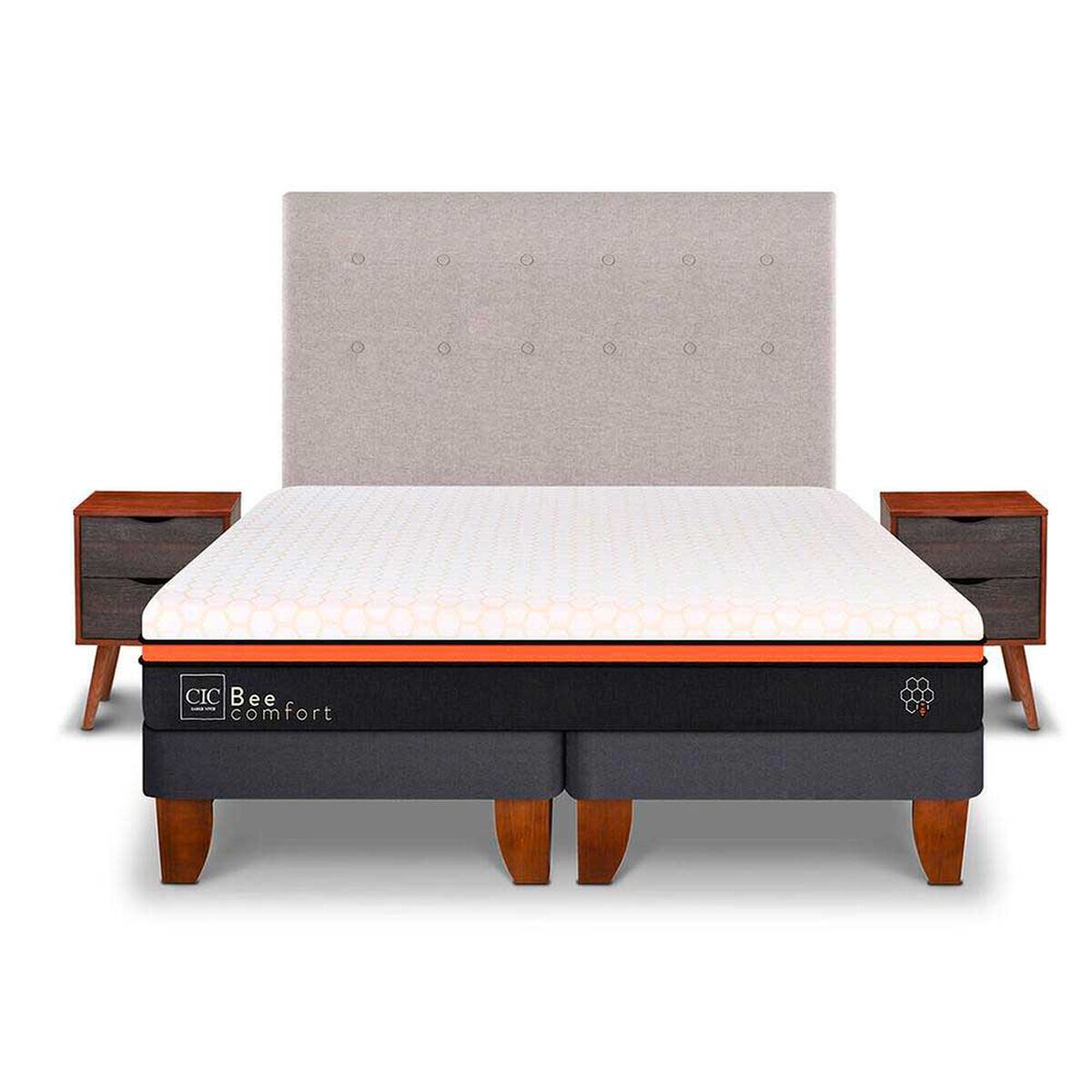 Cama Europea CIC Base Dividida 2 Plazas Bee Comfort + Respaldo + 2 Veladores
