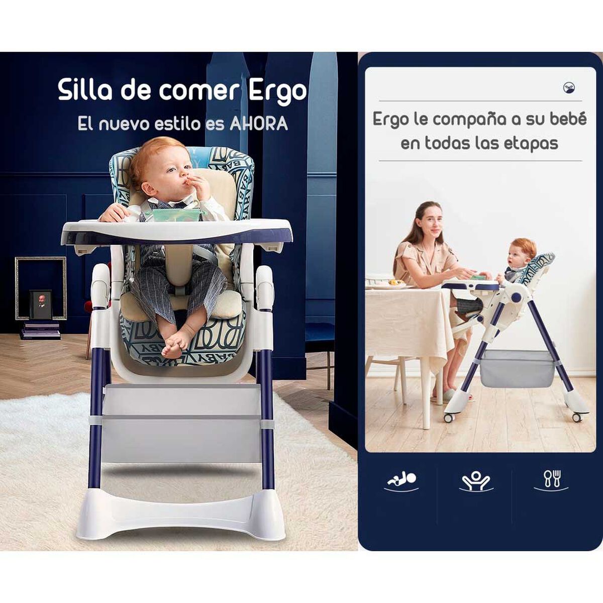 Silla de Comer Multiposiciones con Ruedas Rosada