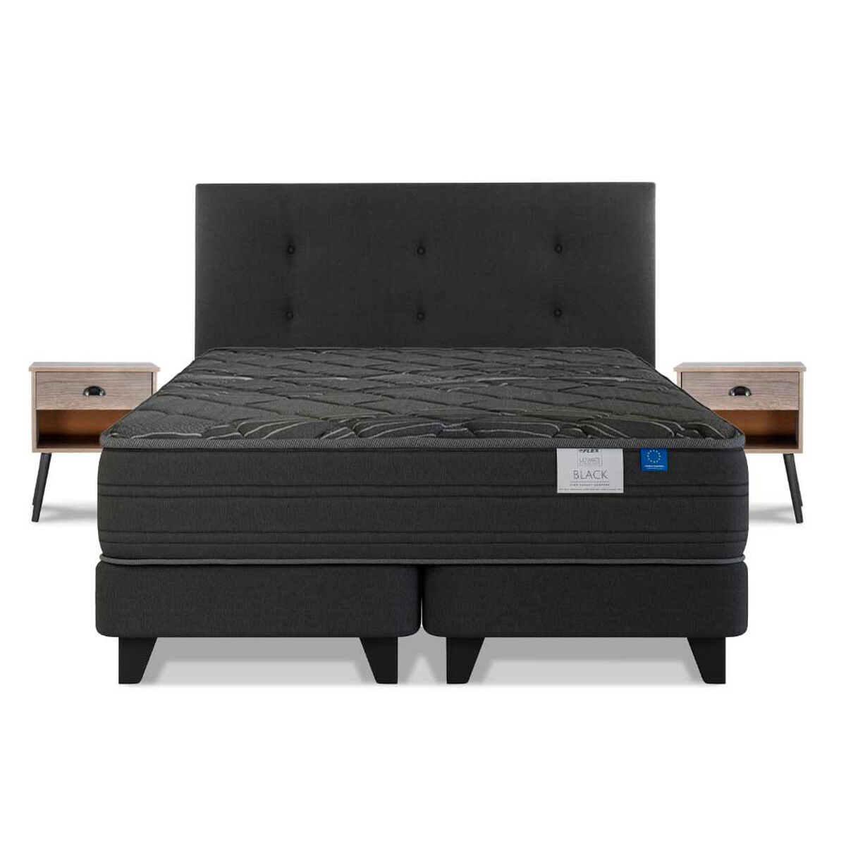Cama Europea Flex Base Dividida 2 Plazas Black + Respaldo + 2 Veladores