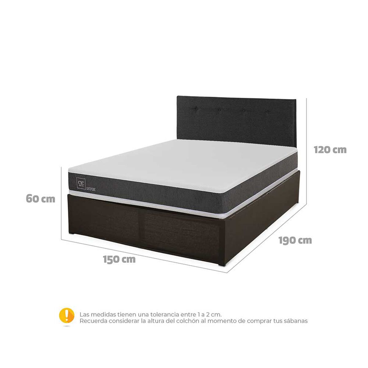 Cama Europea CIC Iron Smart 2 Plazas Ortopedic + Respaldo Black Tapizado + Fald&oacute;n