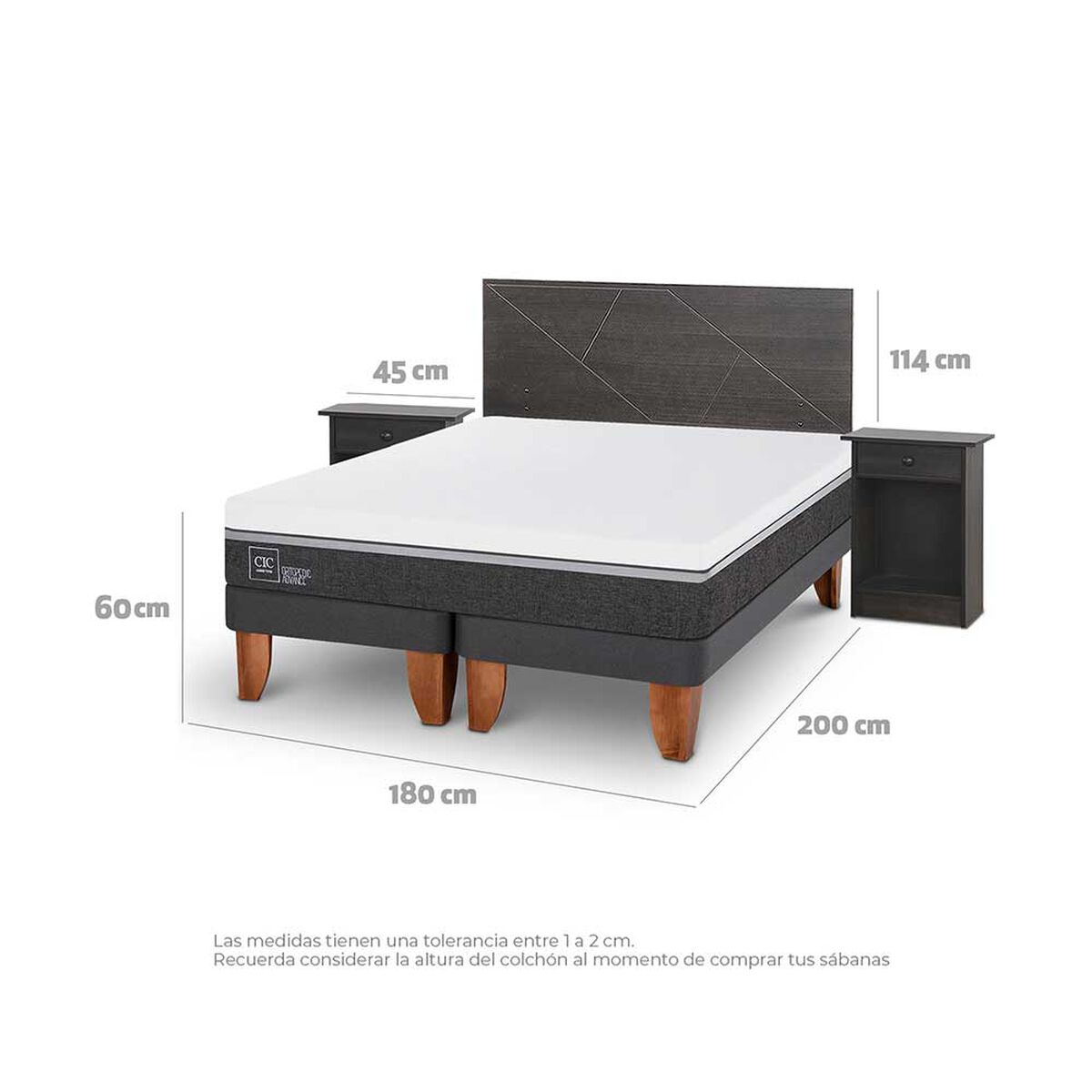 Cama Europea CIC Base Dividida King Ortopedic Advance + Respaldo + 2 Veladores Villarrica
