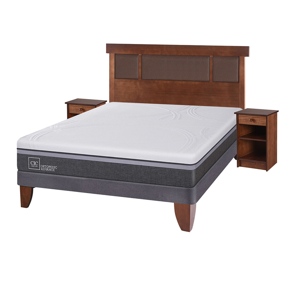 Cama Europea CIC 2 Plazas Ortopedic Advance + Respaldo + 2 Veladores Dublin Caramelo