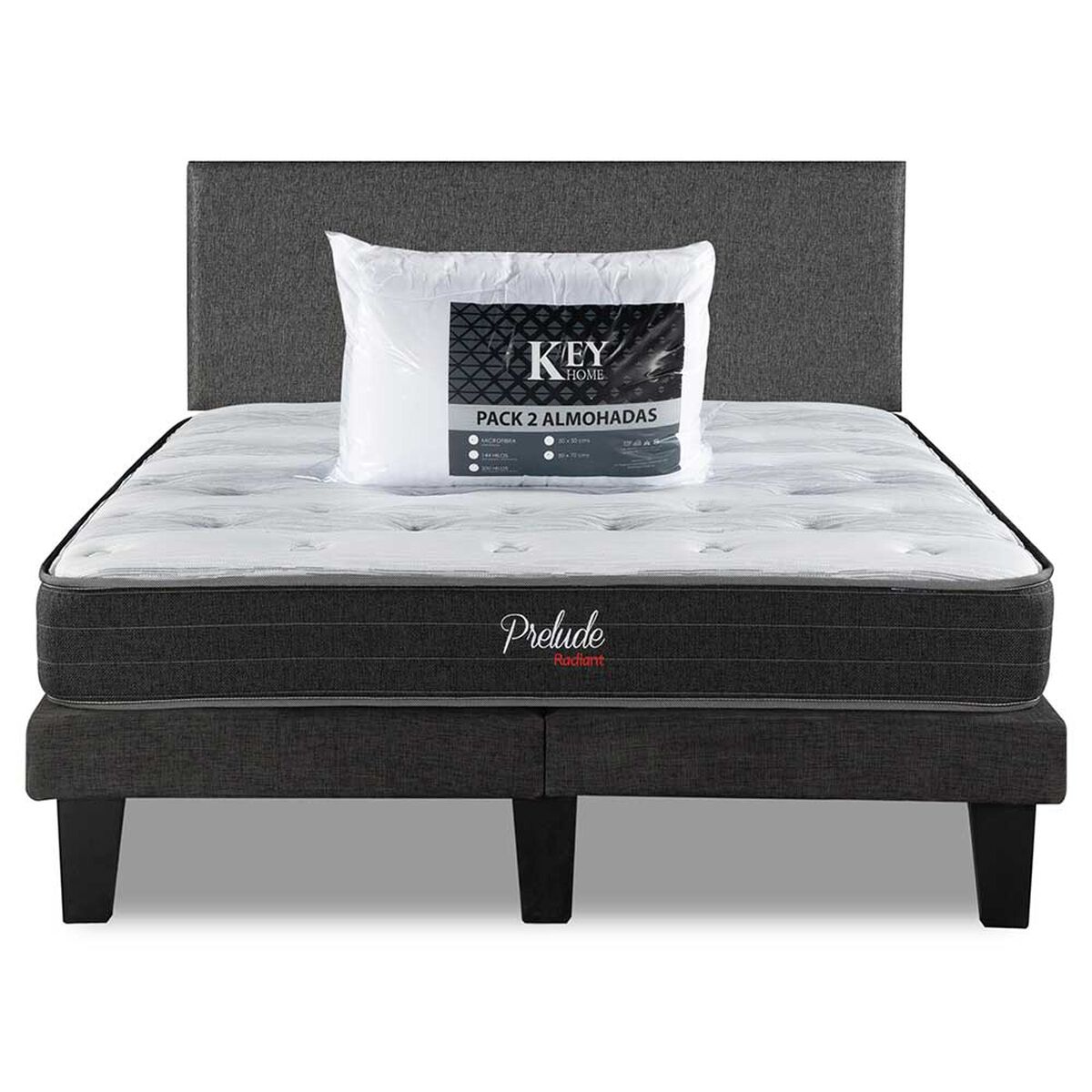 Combo Cama Europea Prelude Radiant 2 Plazas Normal + Respaldo Praga Gris + Pack Almohadas