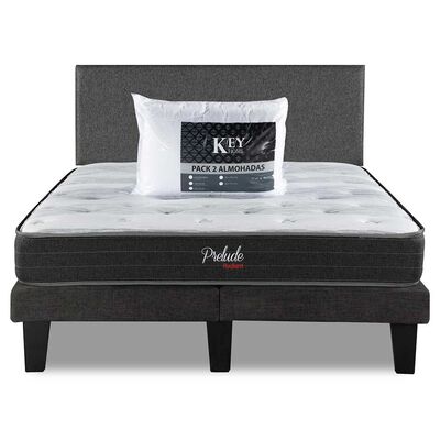 Combo Cama Europea Prelude Radiant 2 Plazas Normal + Respaldo Praga Gris + Pack Almohadas
