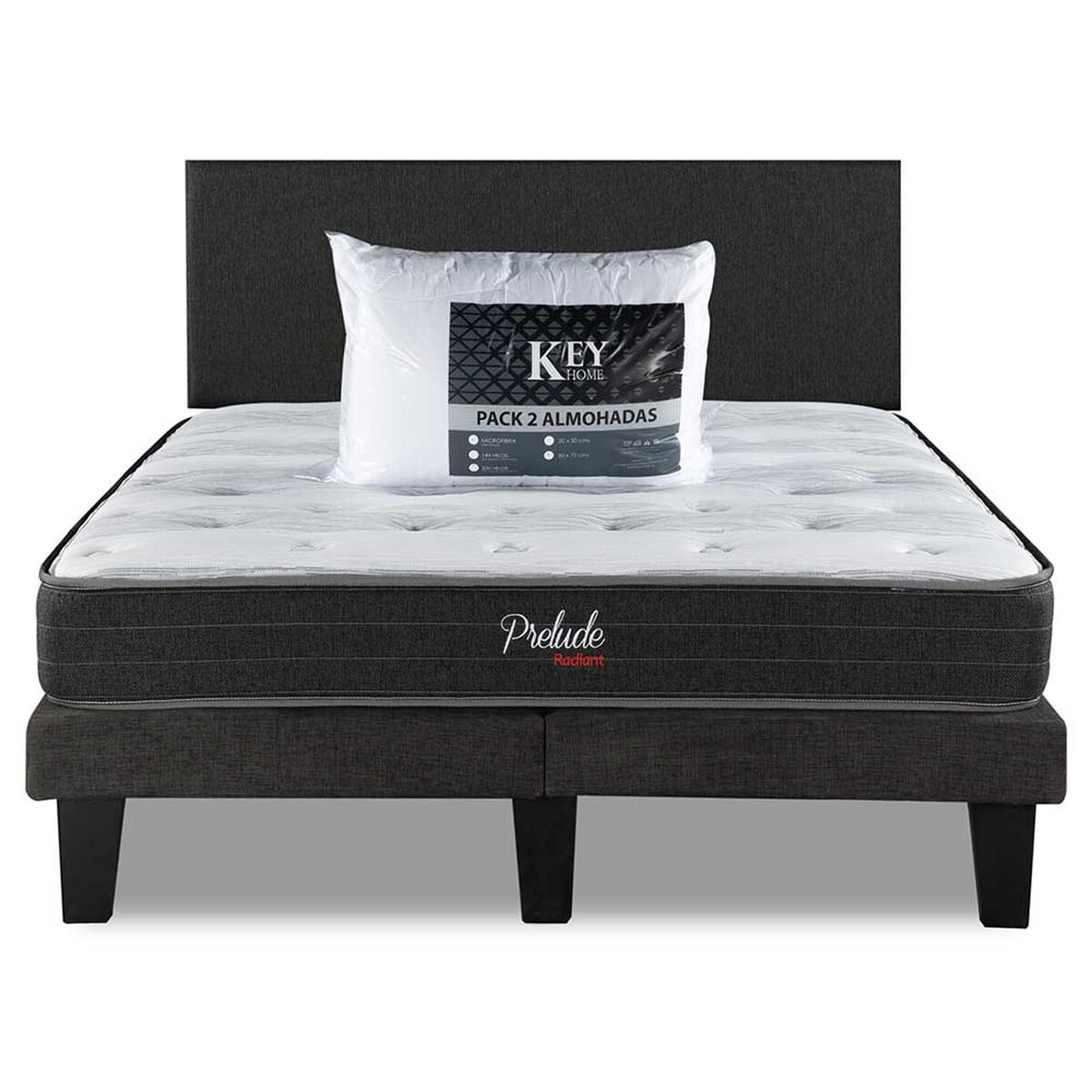 Combo Cama Europea Prelude Radiant 2 Plazas Normal + Respaldo Praga Marengo + Pack Almohadas