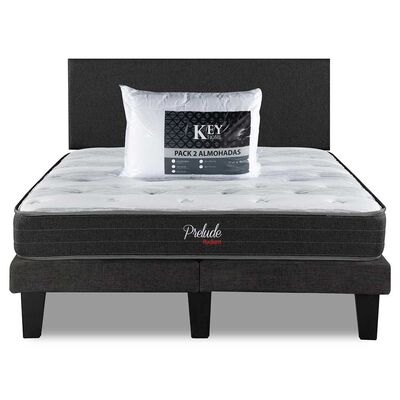 Combo Cama Europea Prelude Radiant 2 Plazas Normal + Respaldo Praga Marengo + Pack Almohadas