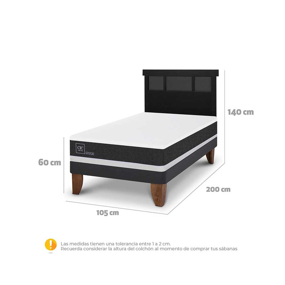 Cama Europea CIC 1,5 Plazas Ortopedic + Respaldo Dublin Negro