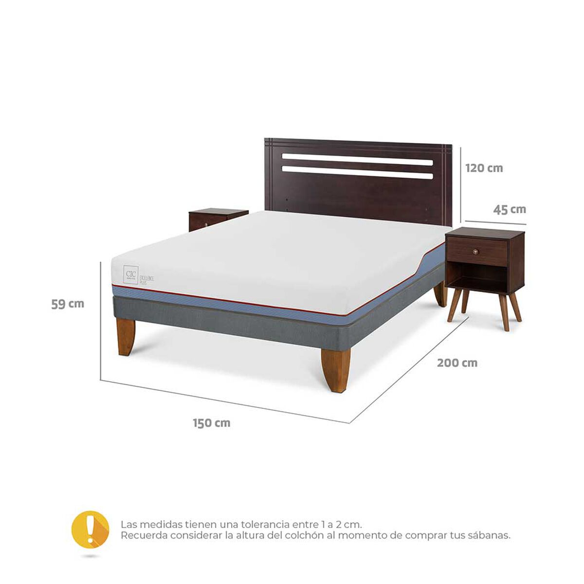 Cama Europea CIC 2 Plazas Excellence Plus New Munich + Respaldo + 2 Veladores New Munich