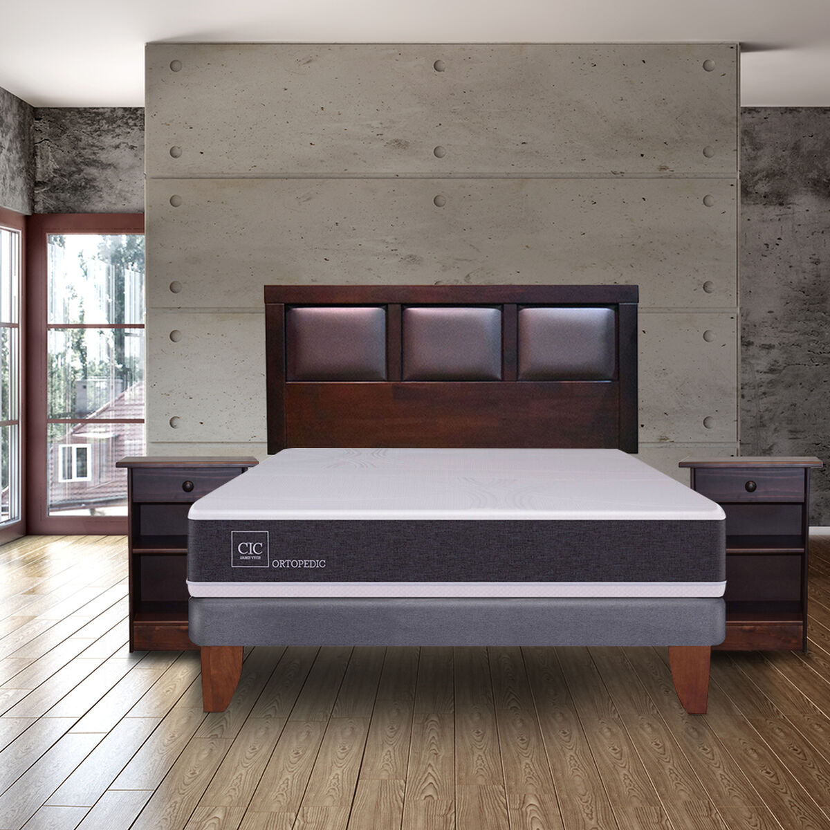 Combo Cama Europea CIC 2 Plazas Ortopedic + Set Maderas Paris