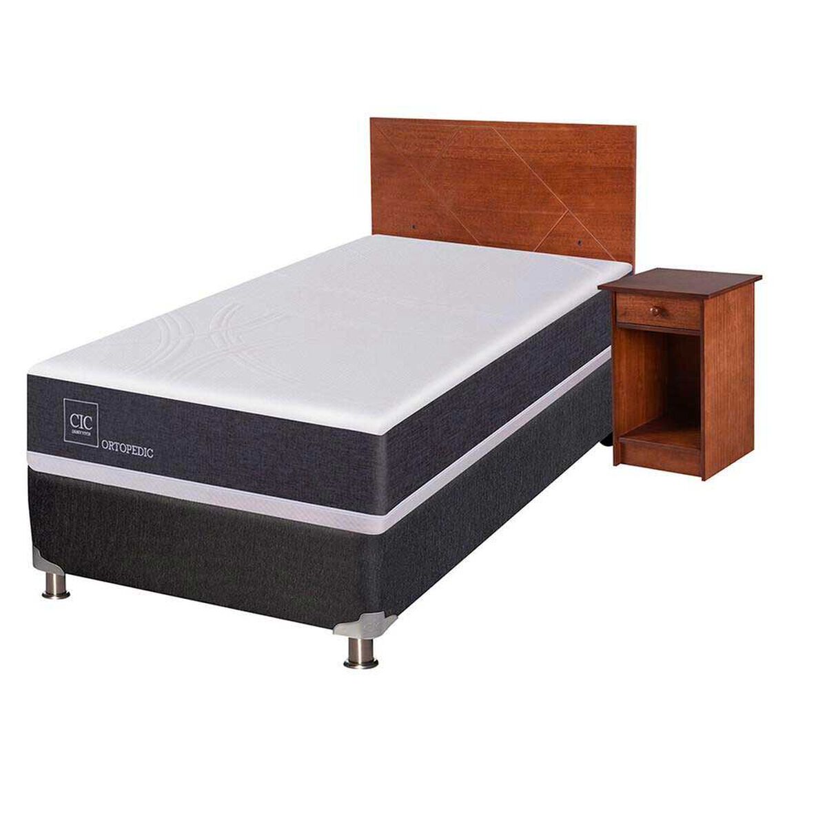 Box Spring CIC 1 Plaza New Ortopedic + Respaldo + Velador New Villarrica