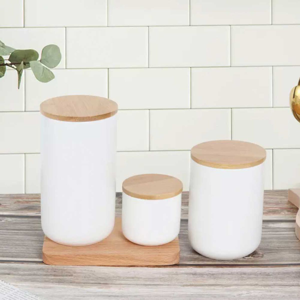 Contenedor Cerámica Hermético Tapa Madera Simplit L Blanco