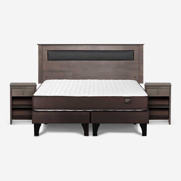 Cama Europea Rosen Base Dividida 2 Plazas New Ergo T + Respaldo Ferrera Gris + 2 Veladores