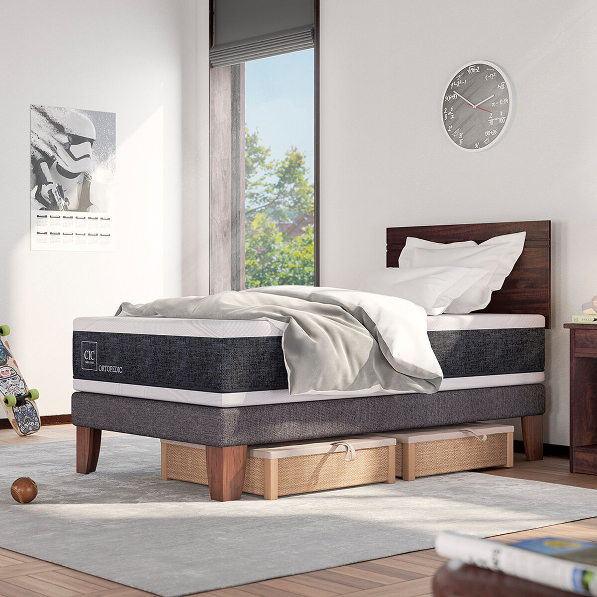 Cama Europea CIC 1,5 Plazas New Ortopedic + Respaldo New Torino Chocolate