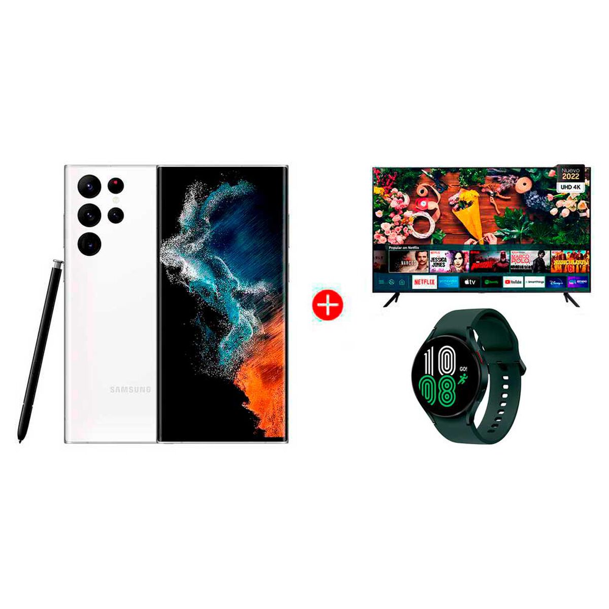 Combo Celular Samsung Galaxy S22 Ultra 128GB 6,8" Phantom White Liberado + LED 55" UN55AU7090 Smart TV 4K Ultra HD 2022 + Smartwatch Galaxy Watch4 44mm Green