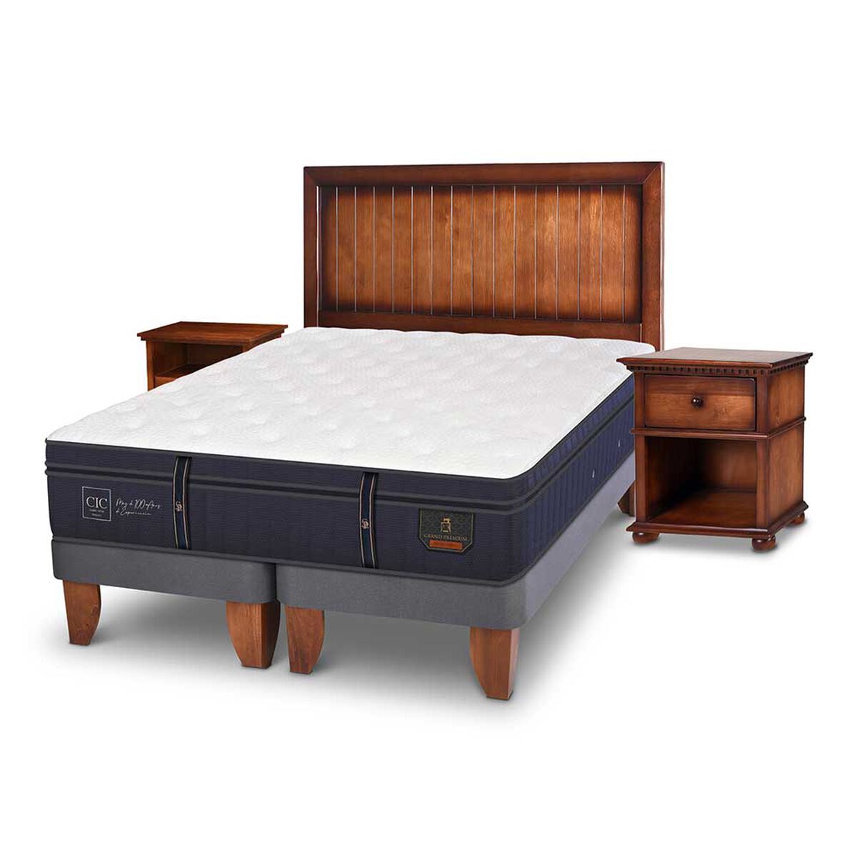 Cama Europea CIC Base Dividida S&uacute;per King Grand Premium + Respaldo + Veladores