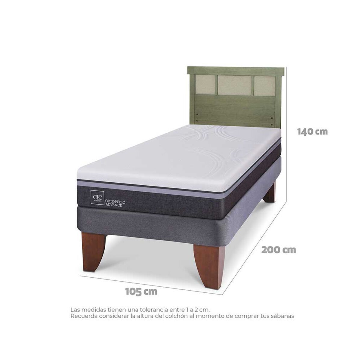 Cama Europea CIC 1,5 Plazas Ortopedic Advance + Respaldo Dublin Olivo